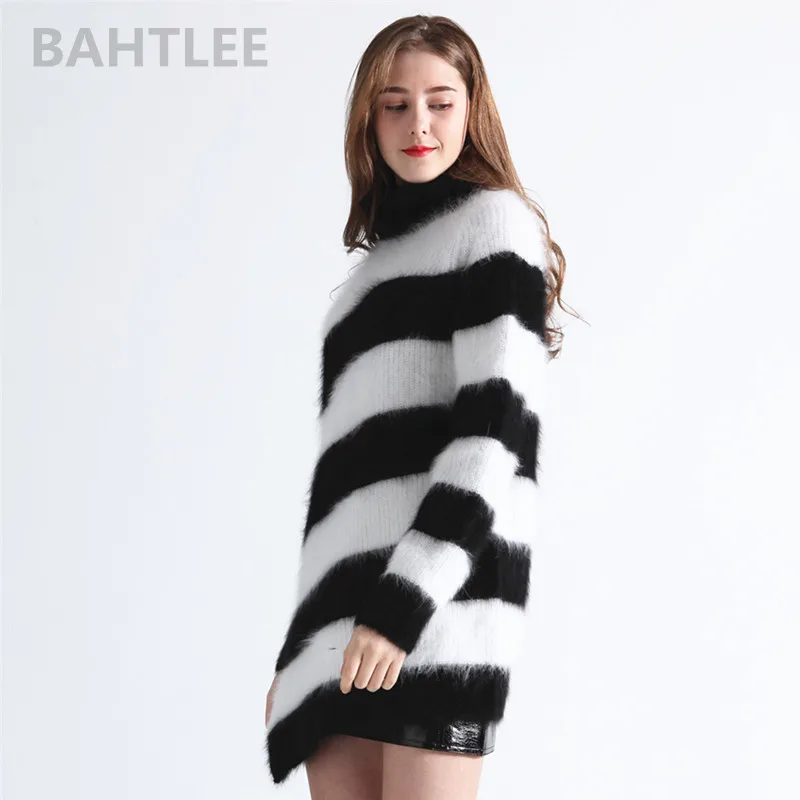 BAHTLEE-Women's Angora Wool Turtleneck Sweater, Mink Cashmere Loose Pullovers, Stripe, Keep Warm, Autumn, Winter