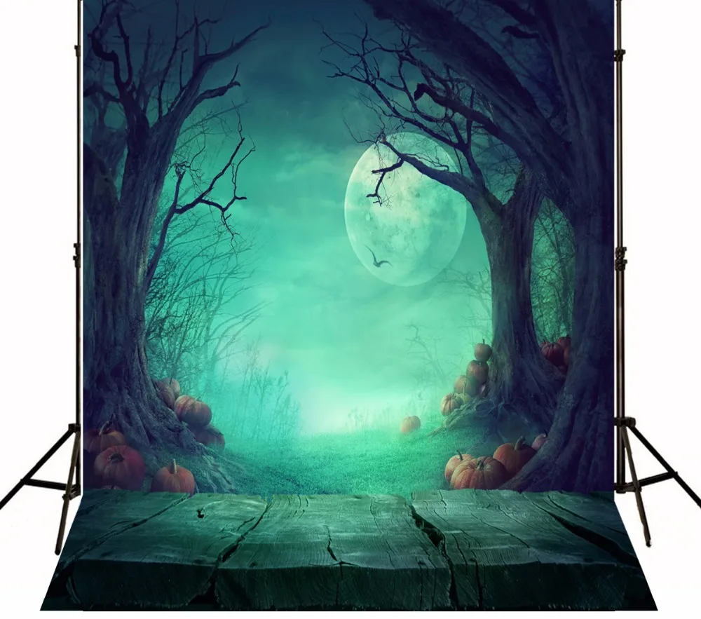 

VinylBDS Halloween Moon Photography Backgrounds with Pumpkin Light Green Wood Block Photo Backdrops for Children Photo Studio