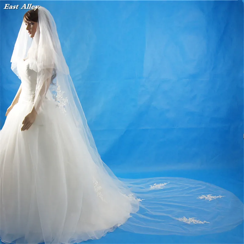 2 Layer Kathedraal Lengte Lace Applique Bridal Veil Cut Edge Veil Met Kam