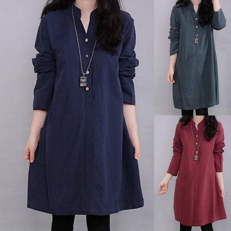 Cotton Linen Women\'s Long Sleeve Dress Ladies Solid Casual Loose Party Dress New