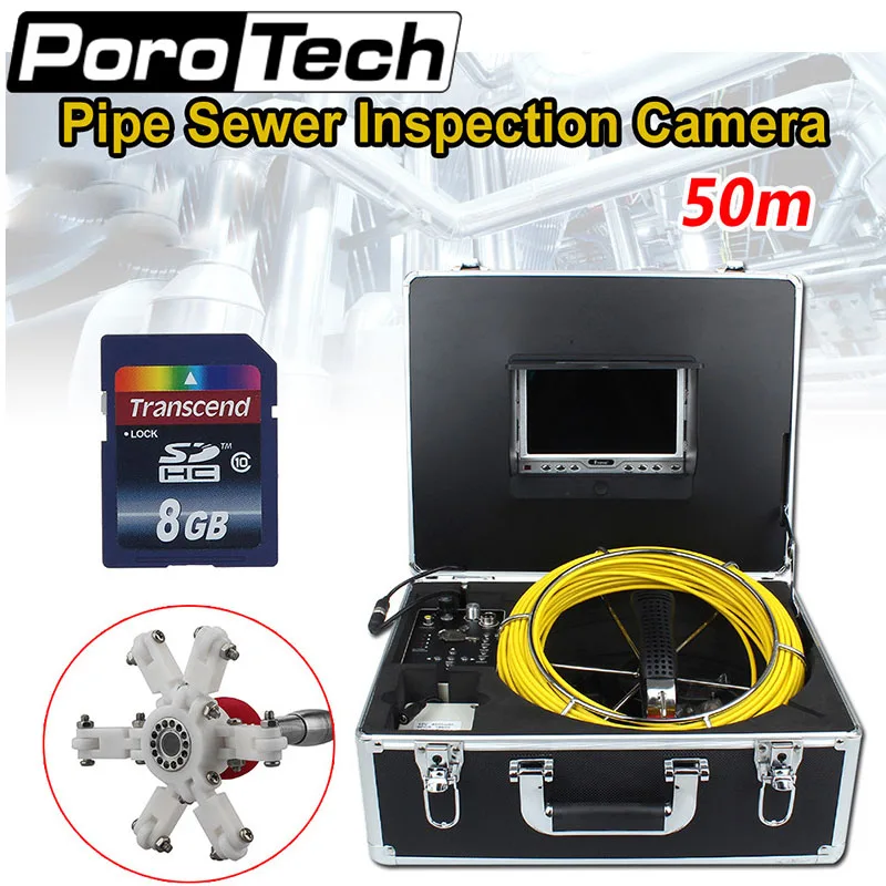 

7D1 50M Sewer Waterproof Video Camera 7inch Display LCD Screen Drain Pipe Inspection Yellow Cable with Suitcase with 8GB Card