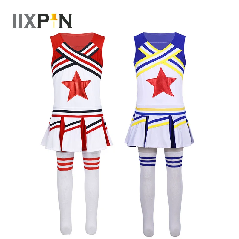 

IIXPIN Kids Girls Cheerleader Costume Outfit Sleeveless Red Star Applique Tops with Skirt and Socks Dancewear Halloween Cosplay