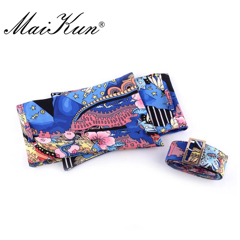 Luxury Flower Pattern Wide Belts for Women Dress Belts Wrap Around Fabric Waistband for Jeans Golden Buckle Clothing Accessory