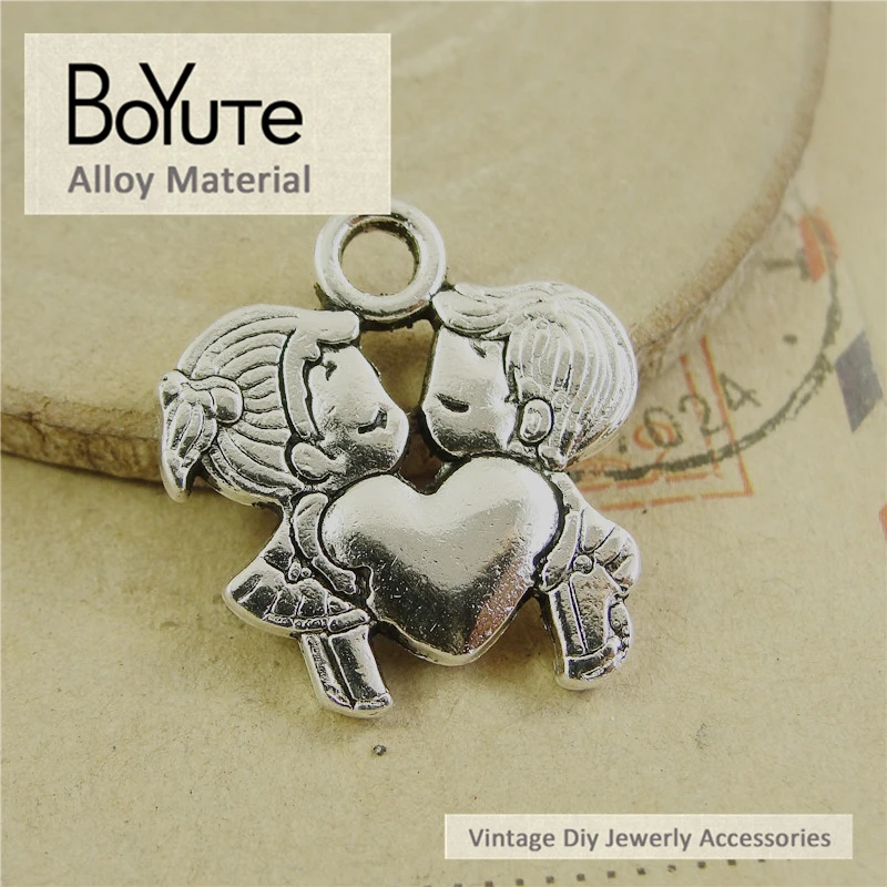 BoYuTe (40 Pieces/Lot) 21*44MM Vintage Accessories Parts Alloy Antique Bronze Silver Double Love Pendants for Jewelry Components