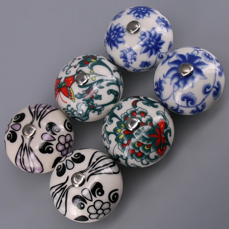 6PCS Dia 40mm Floral Kitchen Cabinet Handles Unique Cupboard Ceramic Knob For Furniture Kitchen Drawer Knobs Pulls