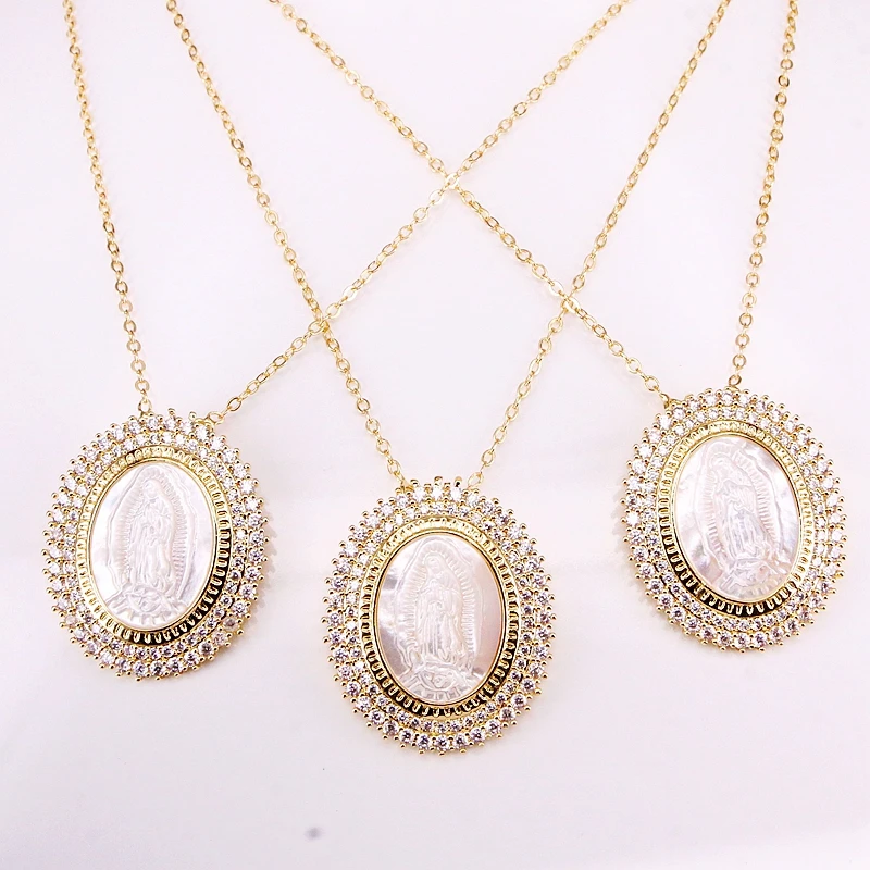 

6PCS, Fashion CZ Micro Pave Colorful Zirconia Mother Of Pearl Jesus Shell Pendant Oval Shaped Gold Filled Necklaces