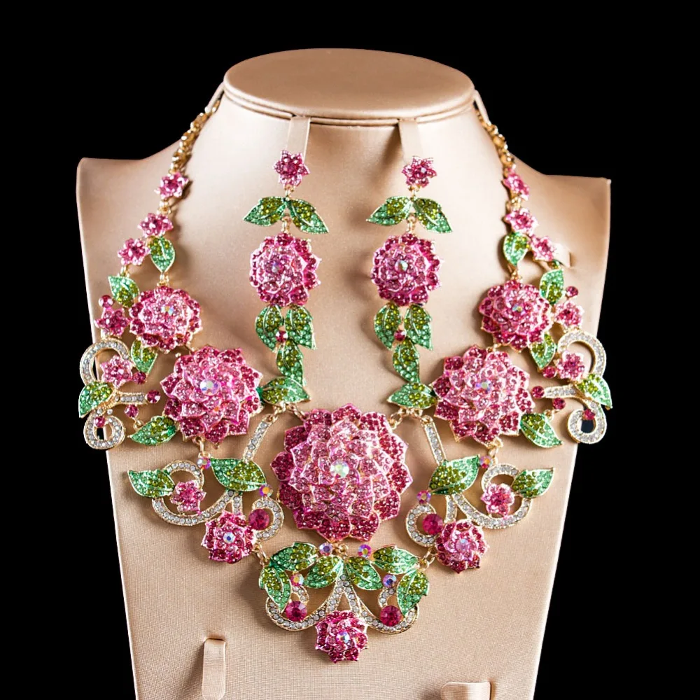 

LAN PALACE boutique wedding jewelry set big flowers Corsage Austrian crystal necklace and earrings for wedding free shipping