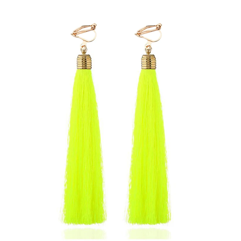 12cm&5.1\'\' Long Tassel Fiber Clip on Earrings No Pierced for Women Party Fashion Bohemia Bridal Wedding  Ear Clip Anti-allergy