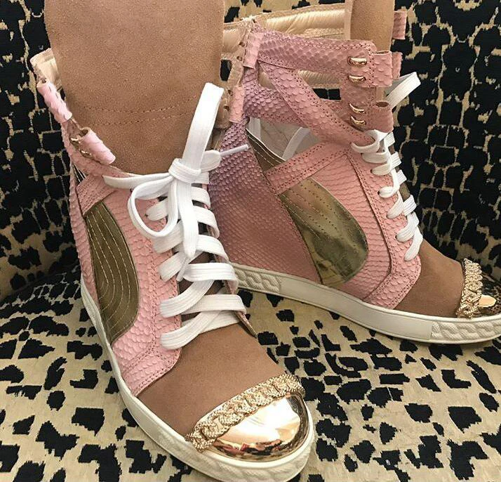 Spring Hot Pink Python Leather Women Street Lace-up Casual Shoes Metal Toe Ladies Increased Heel Shoes Golden Leather Patchwork