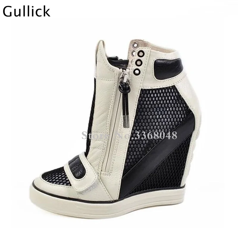 Fashion Women Sandal Boots Top Leather Black White Woman 12 CM High Heels Wedges Hollow Out Net Leisure Shoes Side Zip Boots