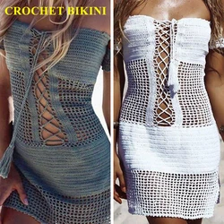 Biquíni de crochê para mulheres, sexy, vestido de praia, roupa de banho, com alças, ombro de fora, boho, roupa de praia