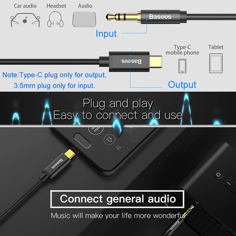 Baseus-USB 타입 C Aux 오디오 케이블, USBC 3.5mm 잭, 여성 어댑터, 헤드폰 헤드셋 스피커 코드, 샤오미, 화웨이, 삼성용