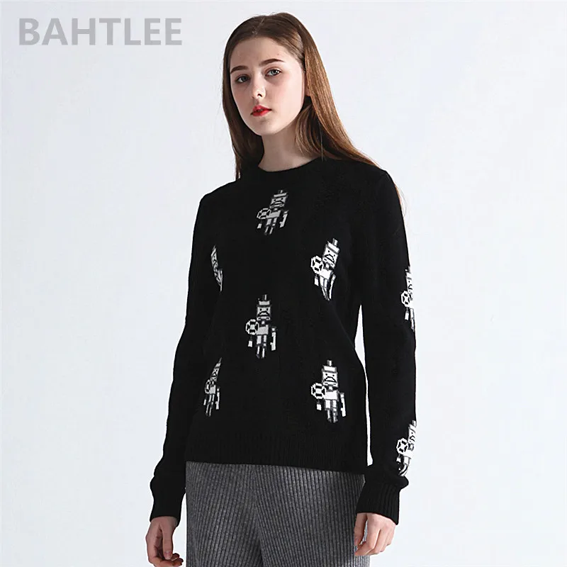 

BAHTLEE-Women's Merino Wool Anti-Pilling Pullovers, Strapless Sweater, Jacquard Weav Robot Pattern, Black, Autumn, Winter