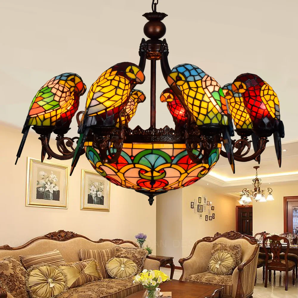 American Pastoral style Retro Luxury Parrot Bird Pendant Light Stained Glass Bar Living Room Parlor Hanging Lighting