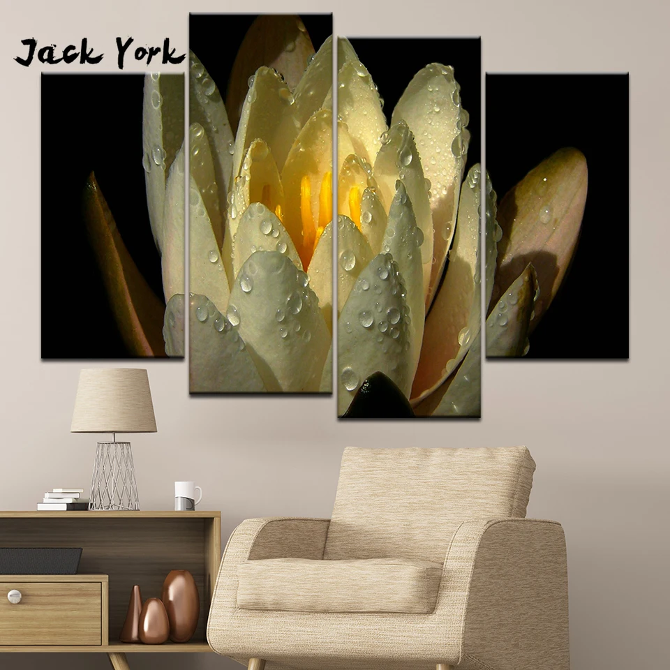

Картина на холсте, цветок с каплями воды, 4 шт., настенная живопись, модульные обои, печать плаката для гостиной, домашний декор