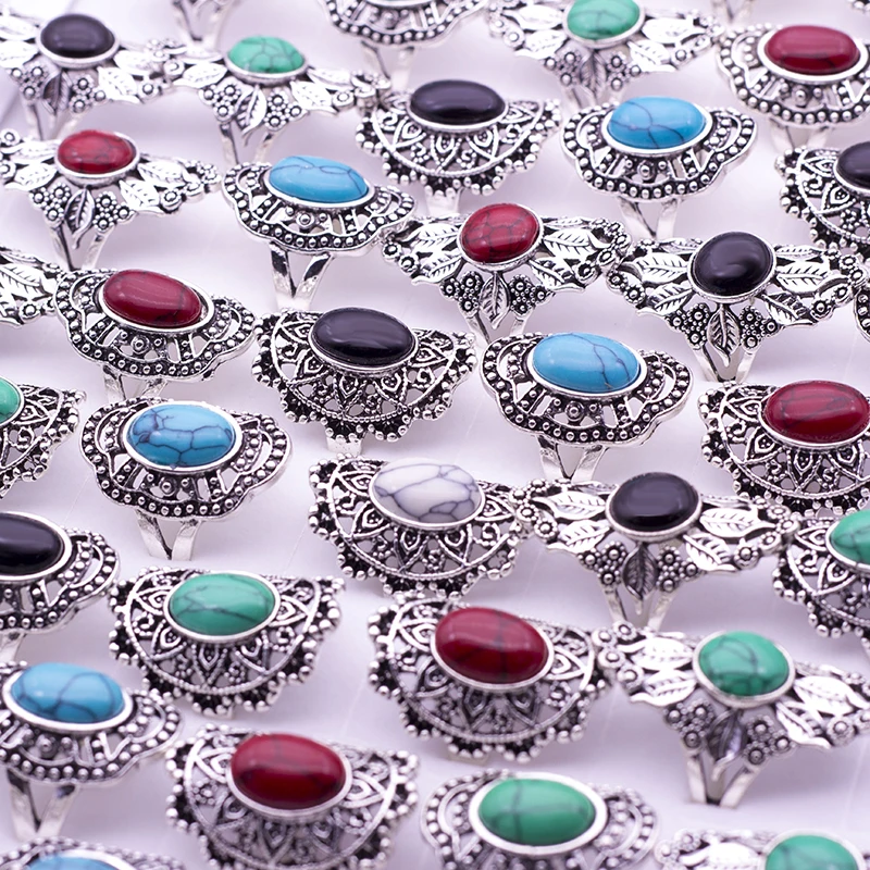 20pcs Wholesale Vintage Hollow Mix Stone Ancient Silver Color Ring Lots Fashion Jewelry Women Rings Dropshopping