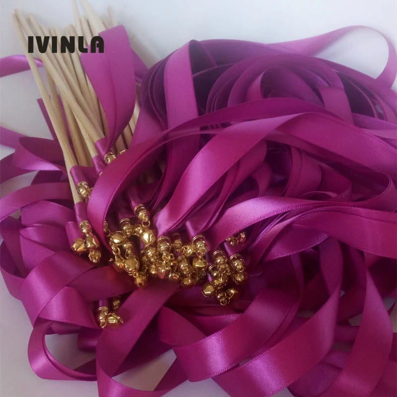 Newest 50pcs/lot Fushia ribbon wedding stick wands With gold Bells for wedding decoration