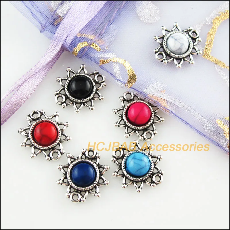 

24Pcs Tibetan Silver Flower Mixed Stone Charms Pendant Connectors 14x14.5mm