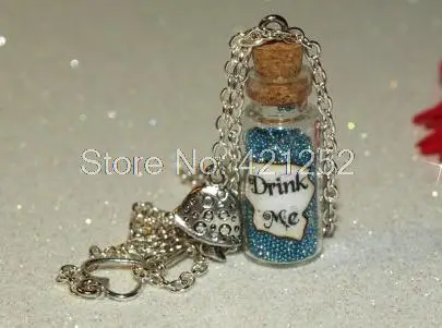 Alice in Wonderland Drink Me Magical glass Bottle Necklace with a Mushroom Charm Inspired necklace