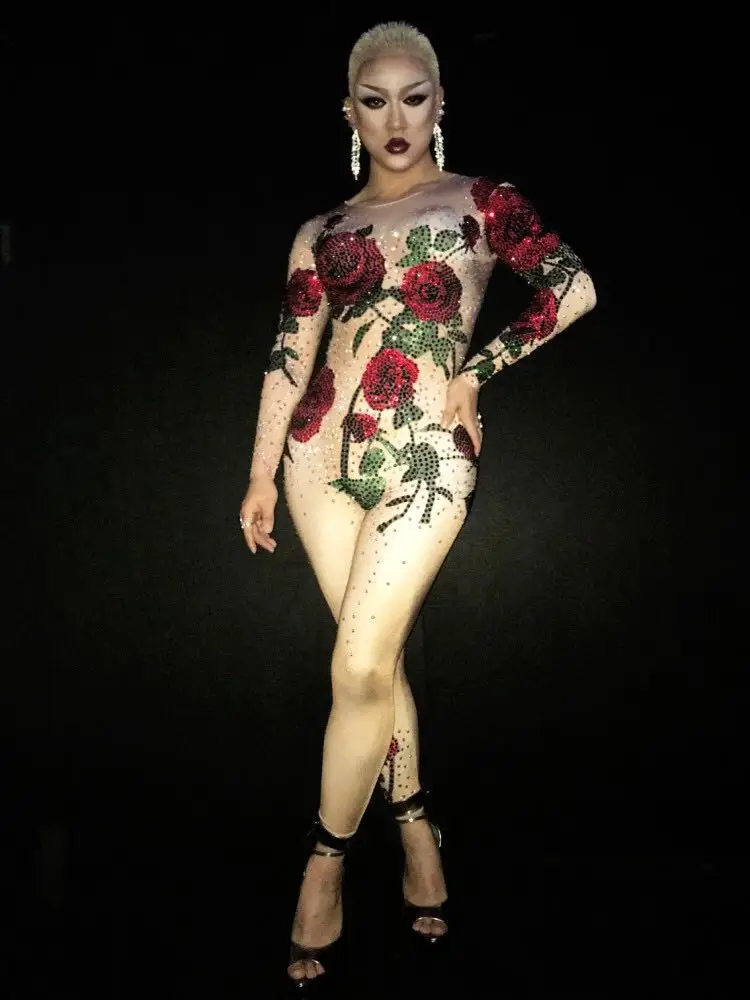 Mono Sexy con estampado de flores rosas para mujer, monos para celebrar, traje de escenario con diamantes de imitación ostentosos, ropa de cantante