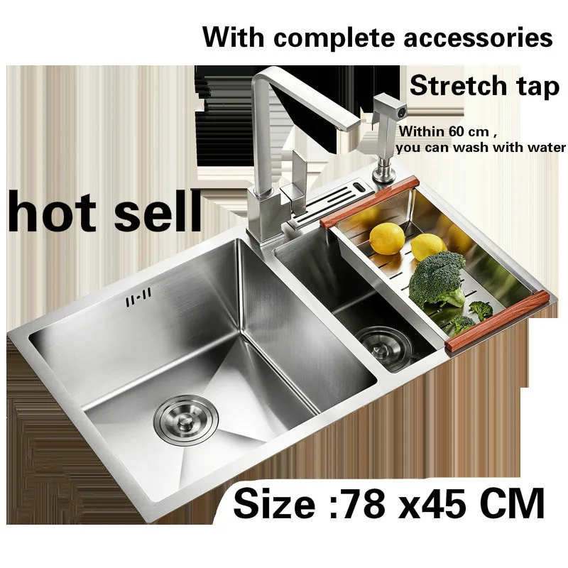 Free shipping Hot sell Kitchen sink 3mm double groove ordinary food grade 304 stainless steel durable and stretch tap 78x45 CM