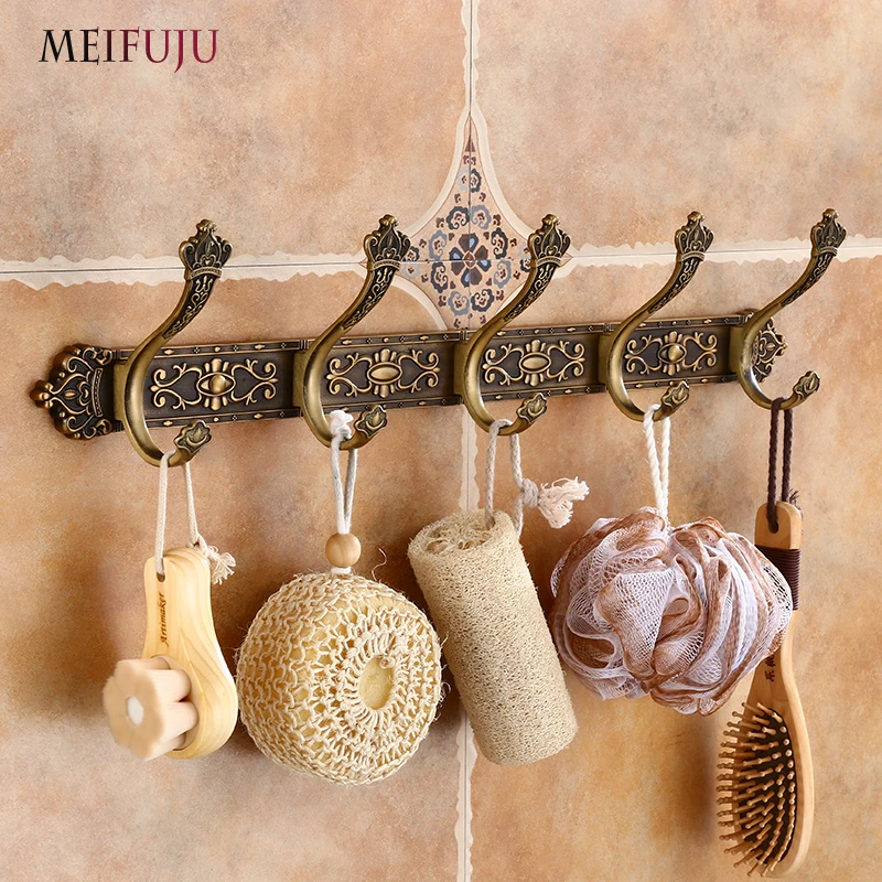 MEIFUJU Vintage Bathroom Hooks Aluminium Antique Robe Hook Bronze Metal Coat Hooks Modern Wall Hangers for Clothes Carving Hook