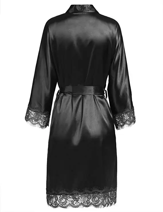 Sexy Ladies\' Lace Satin Robe Gown Solid Soft Nightgown Nightwear Kimono Bathrobe Sleepwear Wedding Bride Bridesmaid Robes