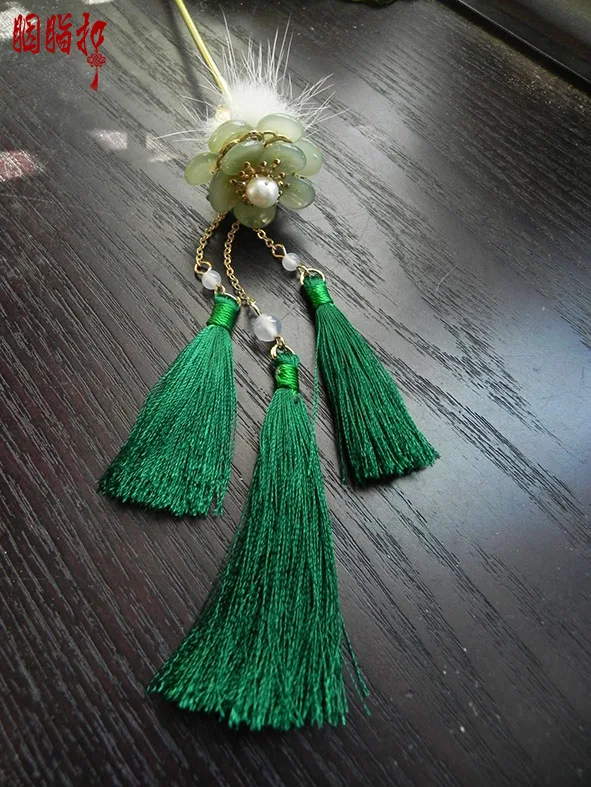 Rabbit Fur Green tassel hair stick Hanfu Costume Hair Accessories Earrings Hair jewelry yellow jade hair stick