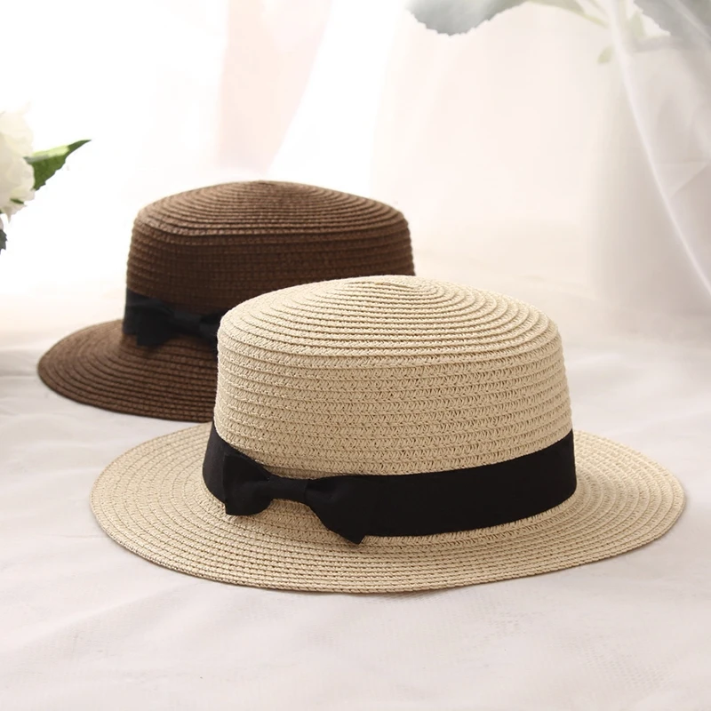 New  Summer Women Boater Beach Hat Female Casual Panama Hat Lady Ribbon Classic Bowknot Flat Sun Hat Women Fedoras Travel