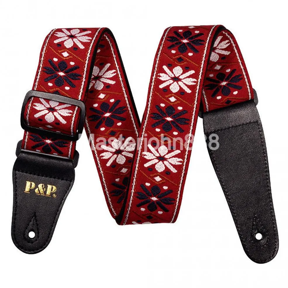 Classic Flowers Stripe Acoustic Electric Guitar Strap Woven Embroidery Fabrics Leather Ends Strap Wholesales Free Shippng