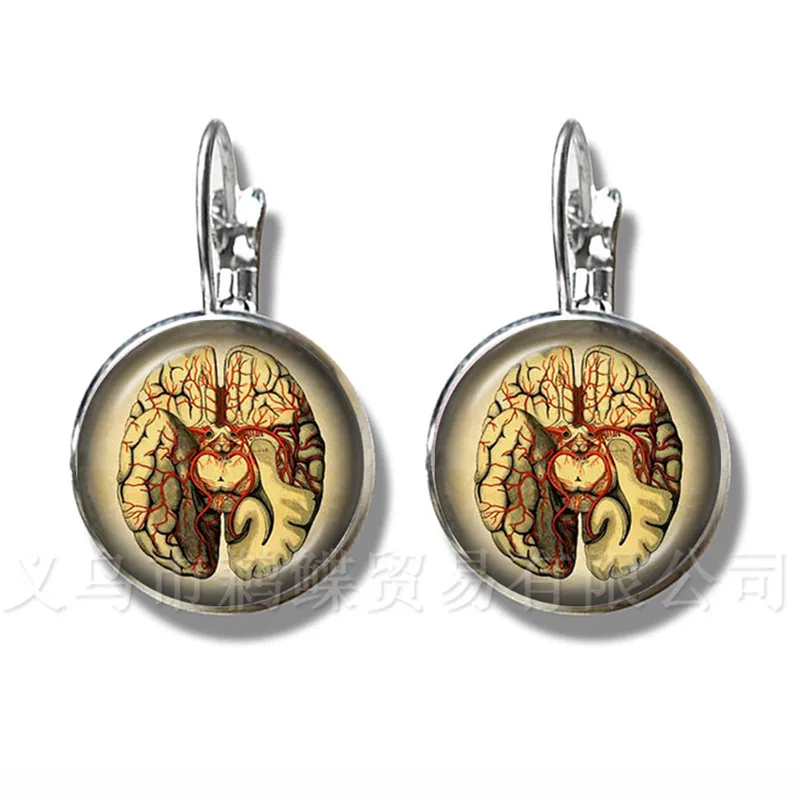 Steampunk Human Anatomy Organ Earrings Glass Cabochon Science Medical Punk Stud Earrings 16mm Glass Dome Brain Eye Jewelry