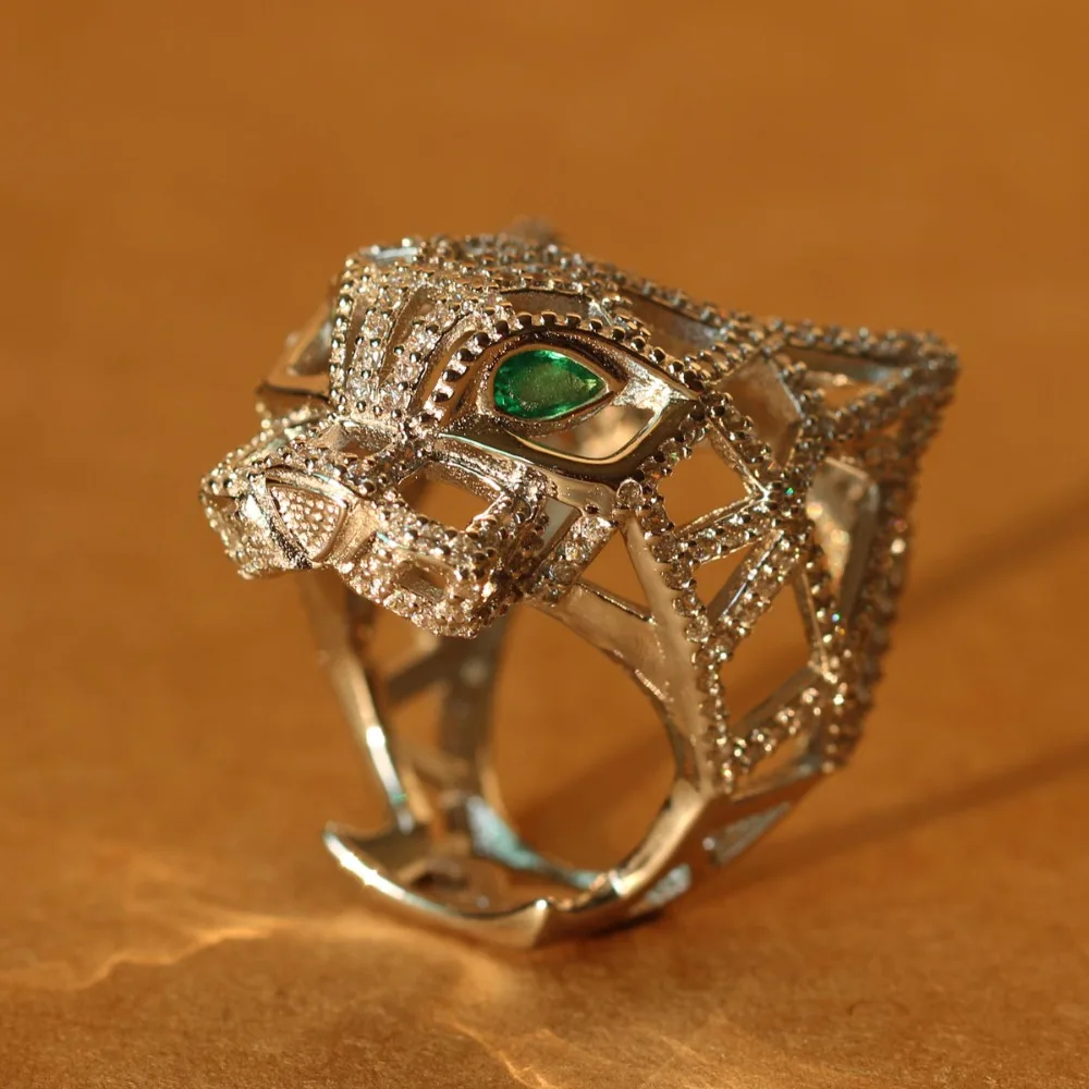 Silver Panther Ring For Women men 925 Sterling Silver Green Eyes Leopard finger Cubic Zirconia Ringen Party Jewelry Fine Jewelry