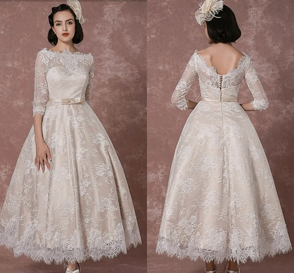 Laço vestido de casamento 2023 vintage bateau champanhe meia mangas vestido de noiva uma linha sem costas chá comprimento sash recepção nupcial