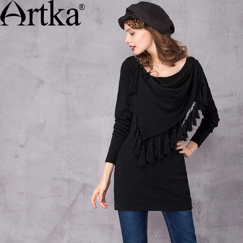 

ARTKA женский осенний новый 3-цветный свитер в этническом стиле винтажный трикотаж с круглым вырезом и длинными рукавами со съемными кисточками YB12969D