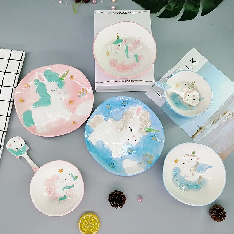 1pc Unicorn Children Dinnerware Set Ceramic Dish Plate Rice Snack Bowl Spoon for Kids Cutlery Set