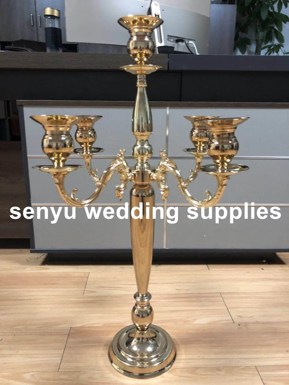 

12pcs )70cm tall )5 arm Candelabra for Wedding Centerpieces , Nickel Plated Candelabra ,Silver Candelabra