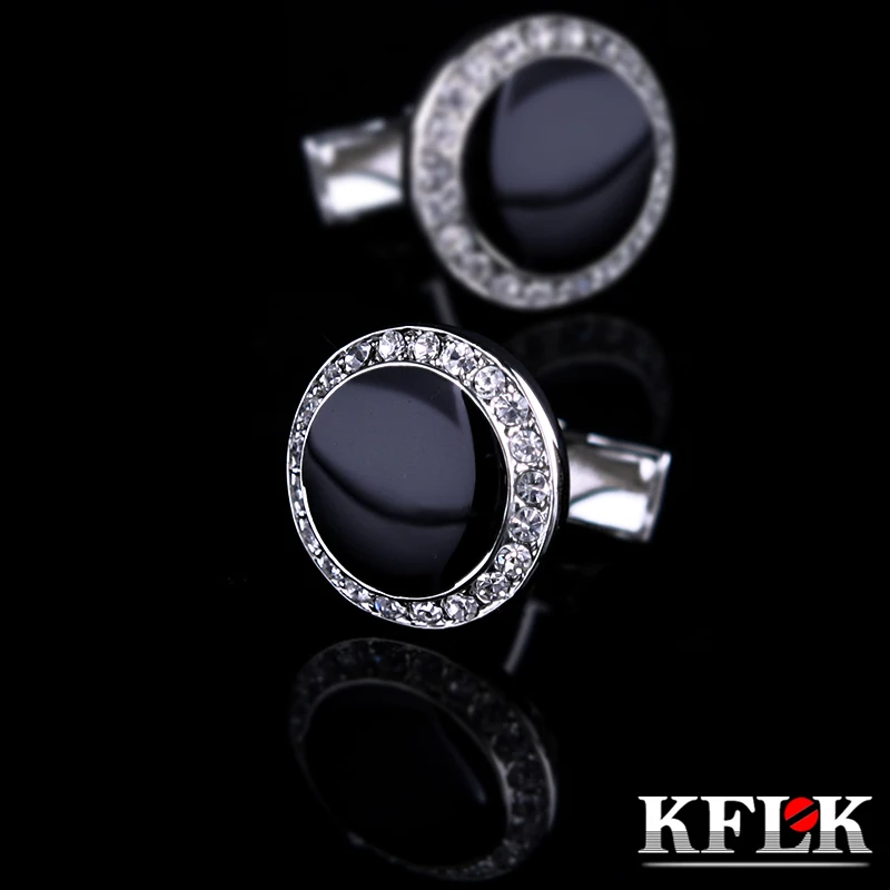 KFLK Jewelry French shirt  Black cufflink for mens Brand Crystal Cuff link Wholesale Round Button High Quality guests