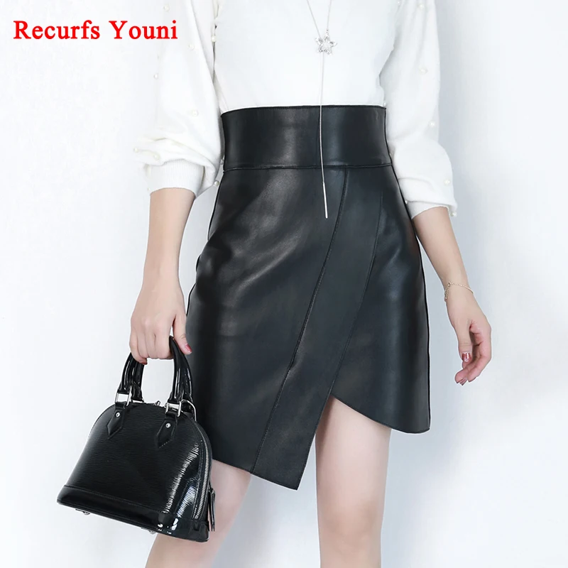 RYS8343 Women Harajuku Fashion Show High Waist Asymmetrical Oblique Fork Black Skirt Femme Genuine Leather Streetwear Wrap Gonne