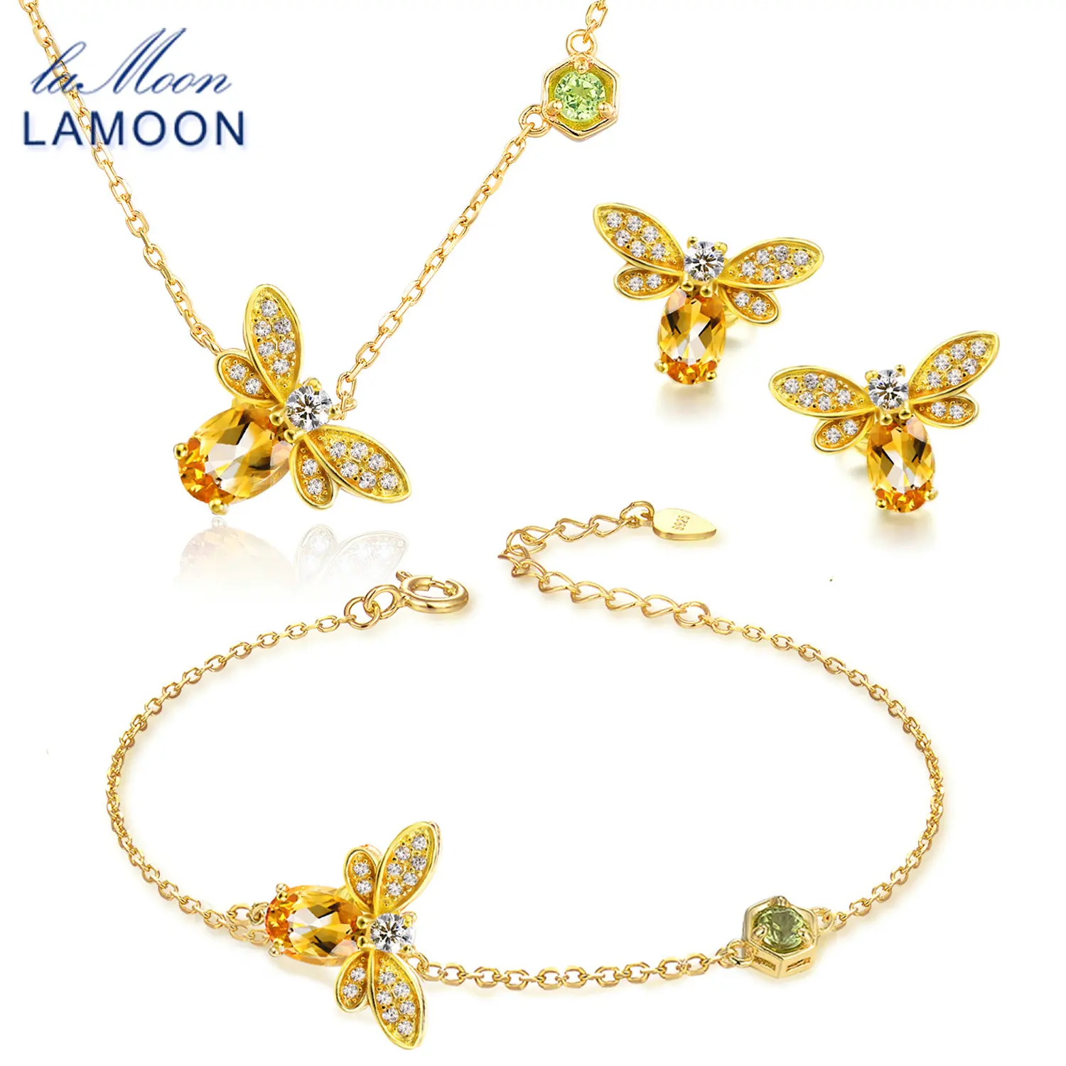 

LAMOON Cute Bee Jewelry Set for Women 100% Natural Citrine 925 sterling-silver-jewelry Necklace&Earring&Ring Sets V027-6