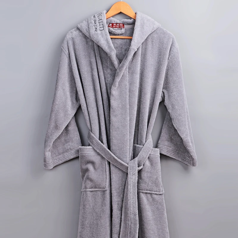 Hooded Bathrobe for Men, Thick Cotton Towel, Fleece Dressing Gown, Long Robe, Male Bathrobe, Winter