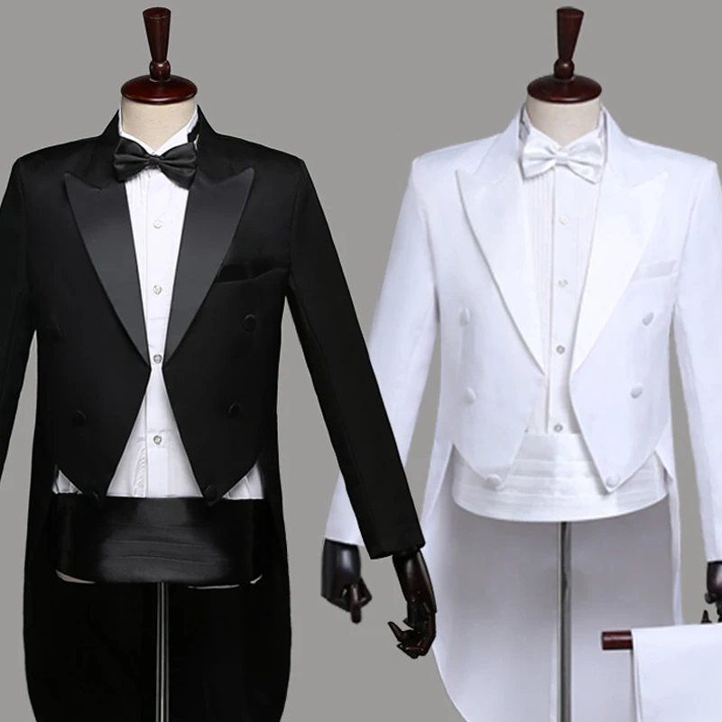 

Black White Adult Men'S Tuxedo Groomsmen Male Host Costumes Magician Stage Performance Show Jazz Dance Costume DWY1