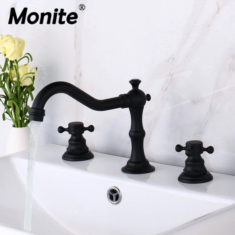 

Monite Matte Black Swivel Basin Mixer Faucet Deck Mount 3 Pcs 2 Lever ORB Bathtub Bathroom Basin Sink Brass Faucet Mixers Taps