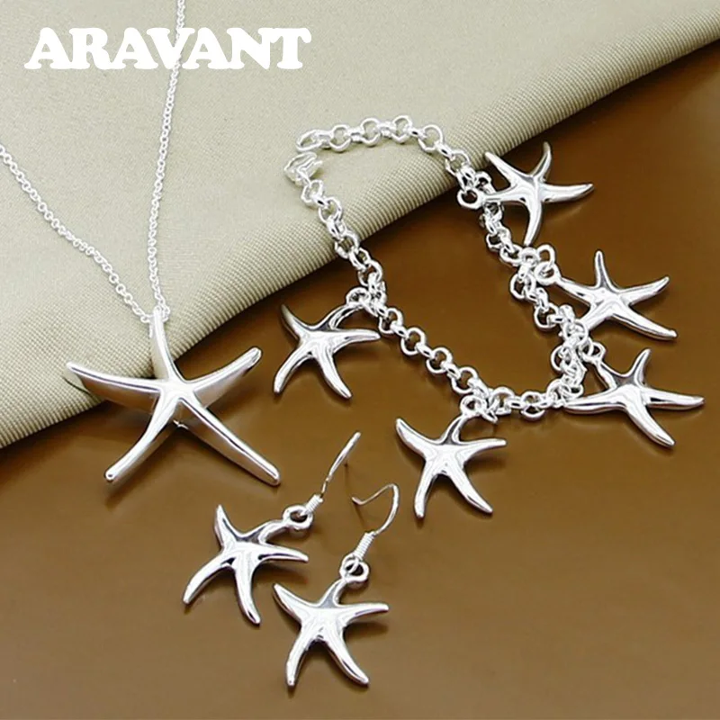 

Aravant 925 Silver Fashion Starfish Necklaces Drop Earrings Bracelets Set For Women Bridal Jewelry