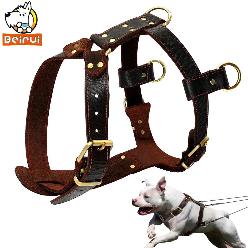 Genuine Leather Dog Harness Brown Walking Training Harnesses 23''-34.5'' Adjustable Chest Large Dogs Pitbull Alaskan Malamute