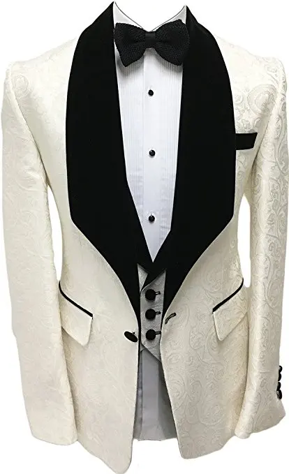 Ivory Groomsmen Groom Tuxedos Shawl Velvet Lapel Men Suits Wedding Best Man Blazer ( Jacket+Pants+Bow Tie+Vest ) C198