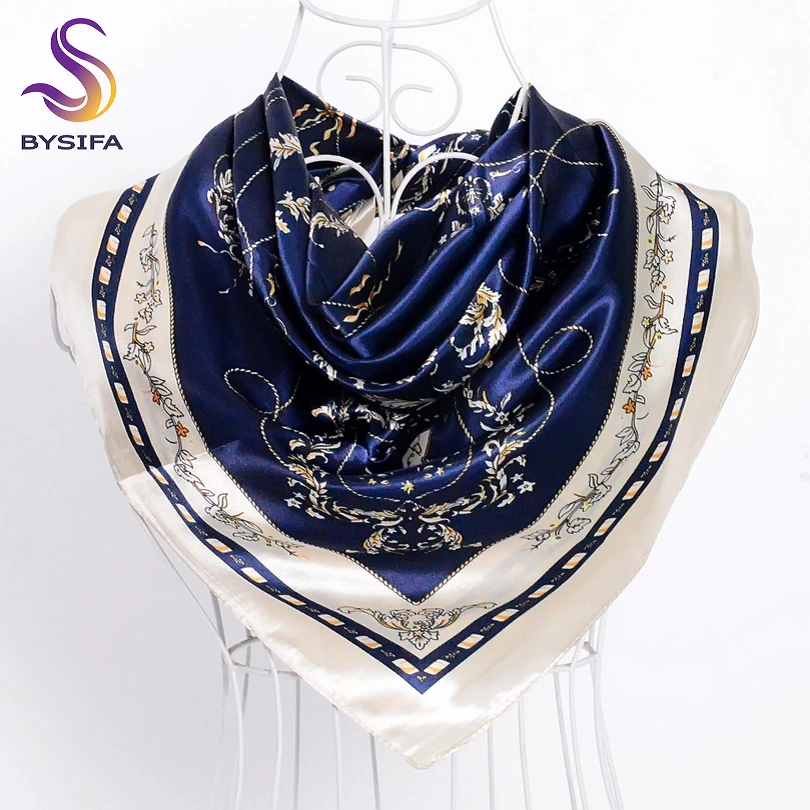 [BYSIFA] Navy Blue Beige Female Satin Silk Scarf Shawl Fashion Accessories Women Chain Flowers Pattern Autumn Winter Scarves