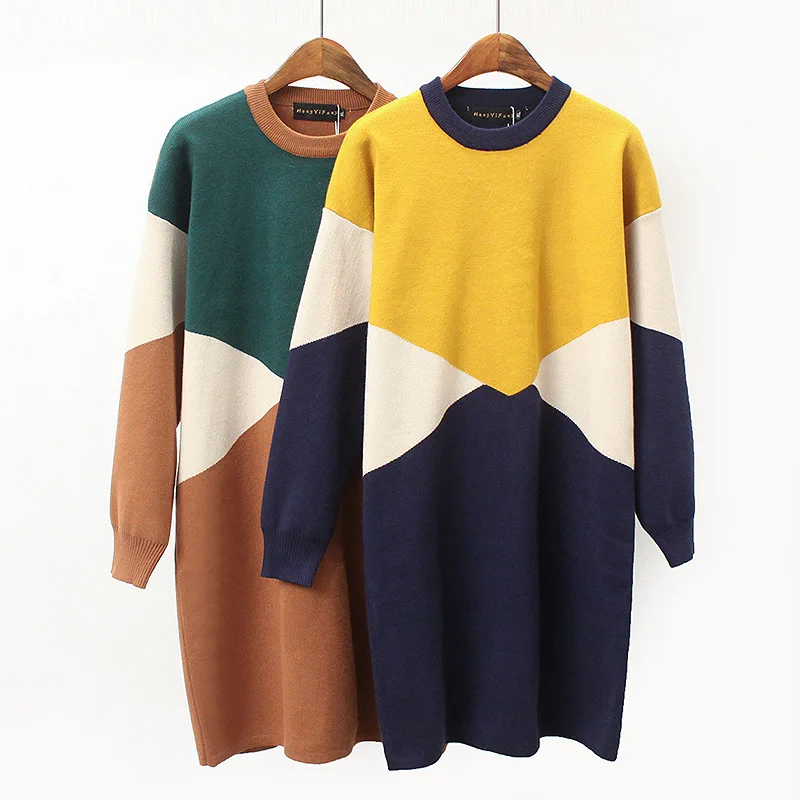 Fashion New Women Autumn/Winter XL-4XL Loose Knitted Oversize Sweater Dress 2020 O-neck Contrast Color Patchwork Casual Pullover