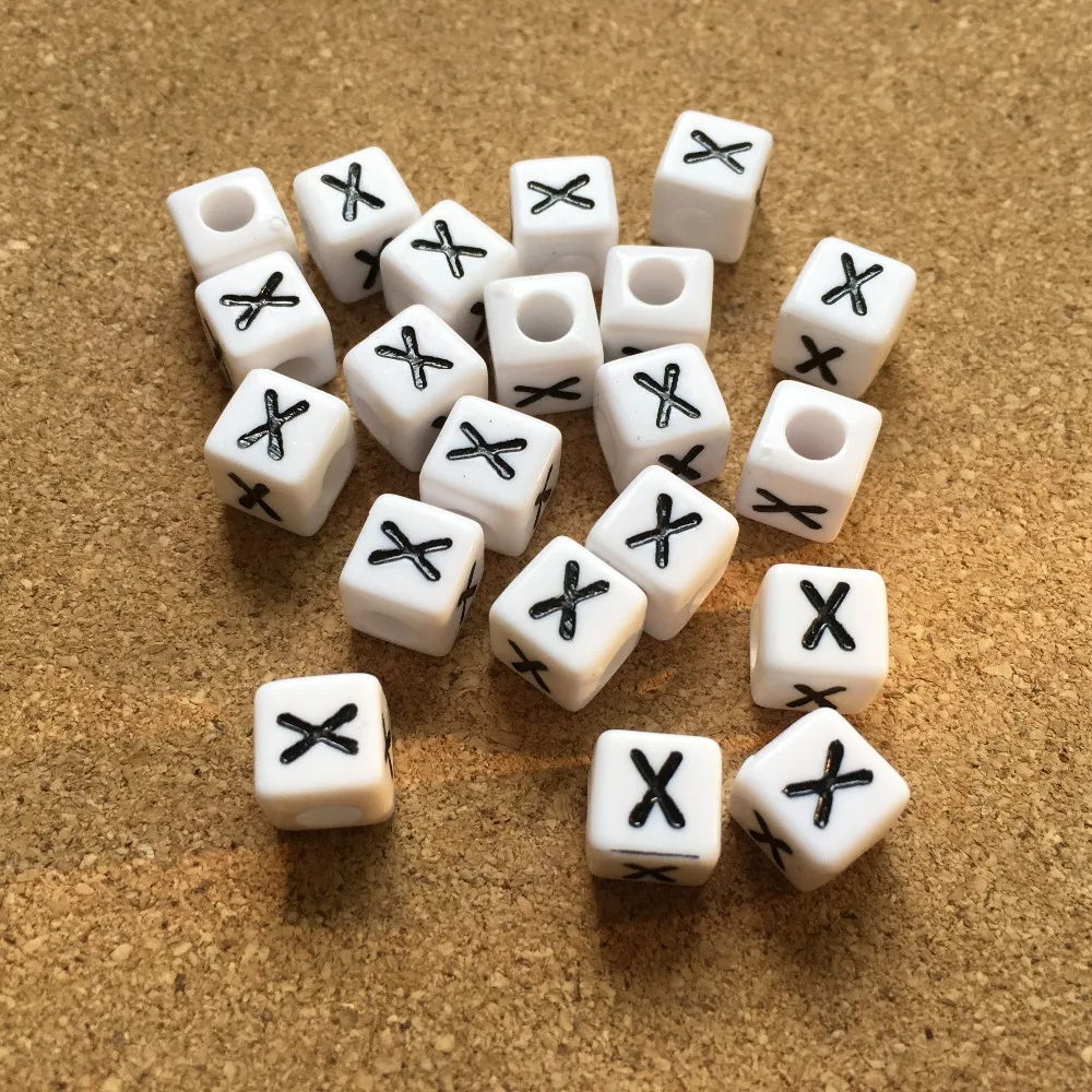 Free Shipping 1100pcs 8*8MM Plastic Letters Beads White with Black Single Initial Character X Printing Acrylic Alphabet Beads