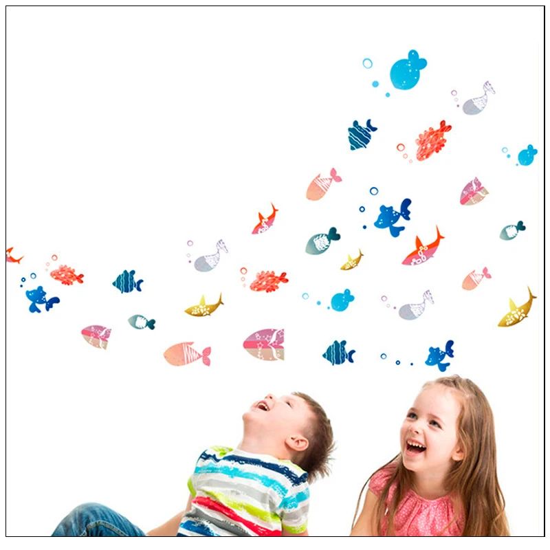 1PCS Color Happy Little Fish Sticker Children room Shower Room Decorate Wall Decals Removable PVC Wall sticker Children stickers