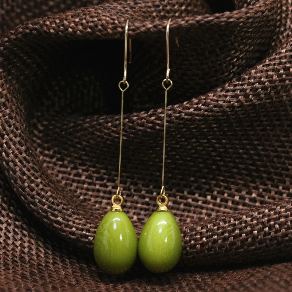 large eardrop long drop earrings green baking paint glass 9*13mm teardrop women fashion dangle earbob jewels B1795